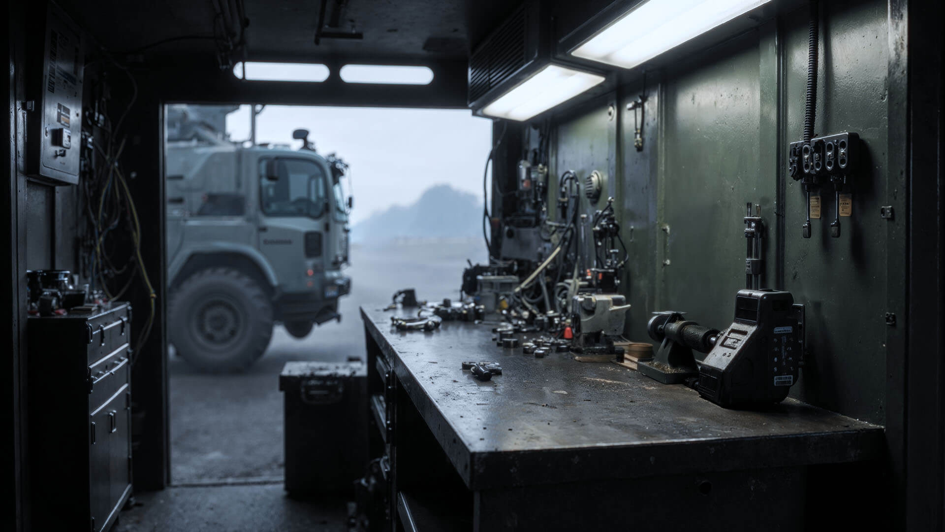 View looking out from inside the car repair container.